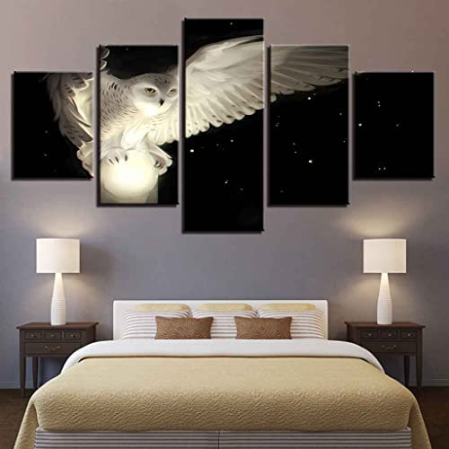 JBUTXE Leinwand Bilder Weiße Eule Leinwandbild, auf Leinwand Gedrucktes Kunstwerk 5-teilig, Foto auf Leinwand für Wanddekoration Design Wohnzimmer Wohnkultur (Kein Rahmen) 200x100cm (B x H)