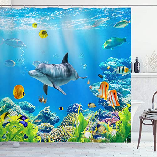 OCEUMACO Tenda Doccia Antimuffa 3D Delfini Pesci Tende Doccia Angolare in Tessuto Poliestere Impermeabile 240x200 cm Vasca Bagno Design Sotto Mare Blu Stoffa Grande Lavabile Lavatrice con Anelli