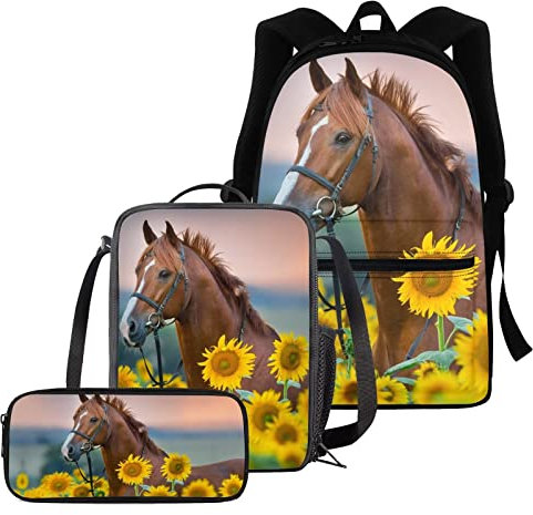 chaqlin Schulranzen-Set für Jungen und Mädchen, 3-teiliges Set + Thermo-Lunchbox + Federmäppchen, Sonnenblumenpferd, Kinderrucksack