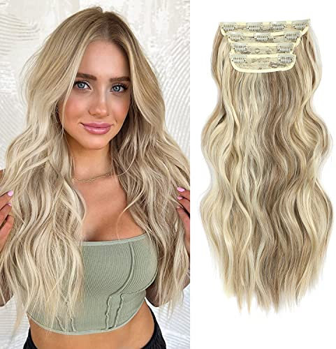 MS TAJ Clip in Hair Extensions 4PCS Hair Extensions clip in Haarverlängerungen 50 cm Synthetic Ash Blonde Highlighted with light Brown Hair for Women