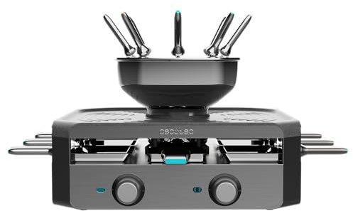 Cecotec Raclette und Fondue-Maschine Cheese Fusion. 1700 W, 8 Personen, Edelstahl, einstellbare Zeit und Temperatur, hitzebeständige Griffe, inklusive 8 Pfannen und 8 Gabeln, 2500 ml