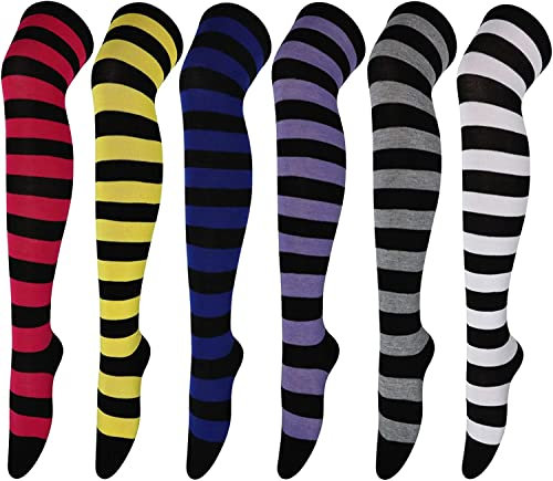 6 Paia Calze da Donna Sopra il Ginocchio Calzini da Ginocchio Calzini Lunghi Donna Calzettoni Coscia Calze Stivali per Ragazze Scaldamuscoli Stivali Donne Rosso Giallo Blu Striscia