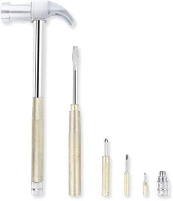 6 in 1 Hammer & Schraubendreher Werkzeug Multitool Set Klauenhammer mit Anti-Rutsch-Griff Griff Schlitz/flacher Kopf Kreuzschlitzschraubendreher Nagelabzieher Bestes Geschenk (Silber Gelb)