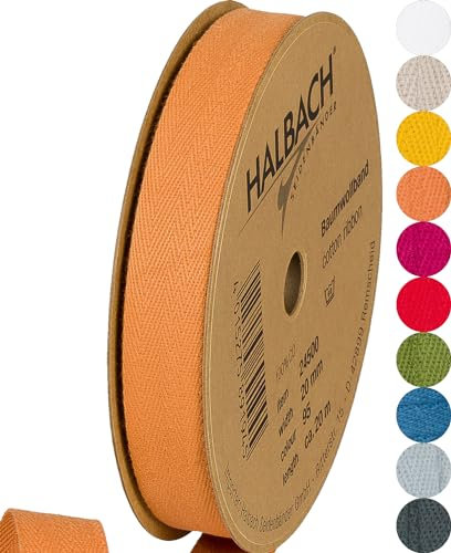 Halbach Seidenbänder Baumwollband 20 mm x m, Bänder zum Basteln als Meterware, Stoffband für Dekorationen, Webband 100% Baumwolle DIY Handwerk, Schrägband Näharbeiten, Farbe: ockergelb, 24500