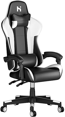 HLFURNIEU Chaise Gaming Ergonomique Fauteuil, Chaise avec Coussin Lombaire et Appui-tête, Siège Gamer Hauteur Réglable, Noir et Blanc
