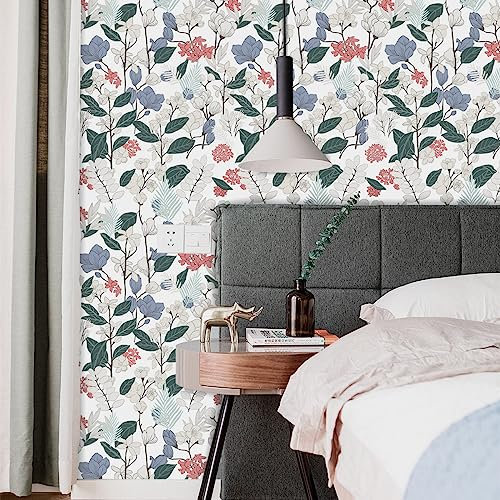 JOLIHOME Papel Pintado Autoadhesivo Floral Vintage Flores y Plantas Pelar y Pegar Papel de Contacto Adhesivo Mural Rojo, Azul, Verde Oscuro y Amarillo 44.5x500cm