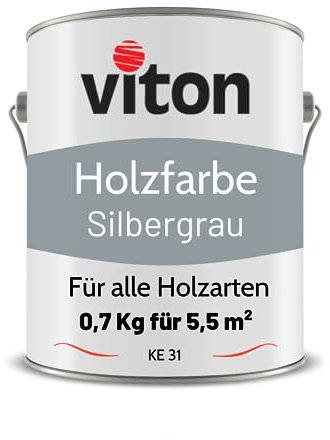 Viton Holzfarbe in Silber - 0,7 Kg Holzlack Seidenmatt - Wetterschutzfarbe für Außen - 3in1 Grundierung & Deckfarbe - Profi-Holzschutzlack - KE31 - RAL 7001 Silbergrau