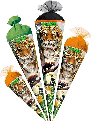 alles-meine.de GmbH Schultüte - Tiger & Zootiere 35-85 cm Größe wählbar - mit Holzspitze - inkl. Name - Zuckertüte - Tüllabschluß/Filzabschluß - eckig/rund - Mädchen Ju..