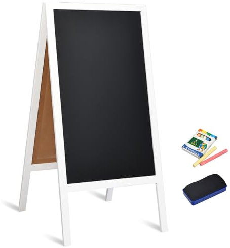 GiantexUK A Frame Magnetic Chalkboard, 98x50cm Double Sided Blackboard with Eraser & Colored Chalks, Outdoor Wooden Sandwich Pavement Advertising Board Signs for Party Wedding Cafe Shop (White)