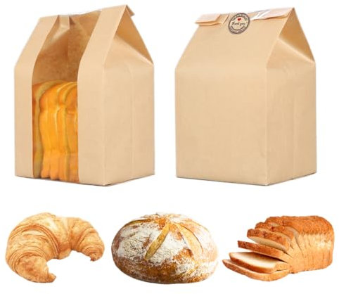 GRANDAN Paquete de 25 bolsas de pan de papel para pan casero, bolsas grandes de papel kraft para panadería con ventana para almacenamiento de pan de masa fermentada, pan horneado, bolsas de embalaje