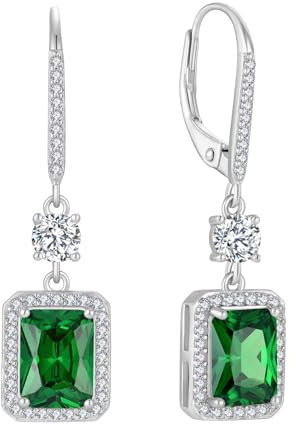 FJ Quadrat Prinzessschliff Hängend Ohrringe Damen 925 Sterling Silber Solitaire Halo Smaragd Ohrringe Mai Geburtsstein Schmuck Geschenke für Frauen