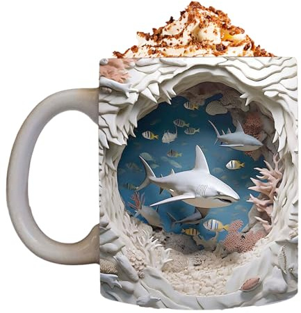bellv 3D Hai Keramik Tasse | 325ml Kaffeetasse mit 3D Flachbemalung, Keramik Hai Dekor für Kaffee, Milch, Tee, Neuheit für Zuhause, Arbeit, Weihnachten, Liebesgeschenk