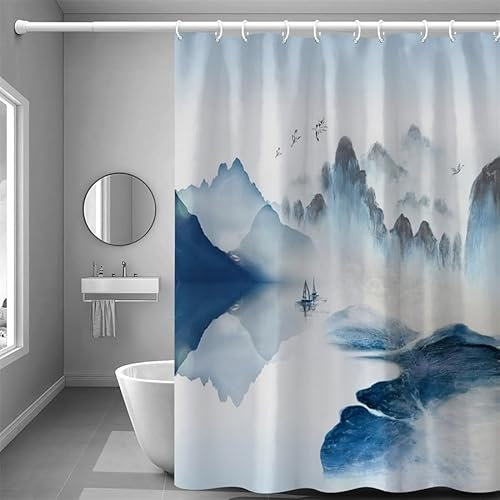 Rideau Douche Gris - Blanc - Bleu Rideau de Douche Polyester Antibactérien Rideau de Douche Anti Moisissure Lavable en Machine Rideaux de Douche Rideau Douche Tissu avec 12 Crochets 200x220cm