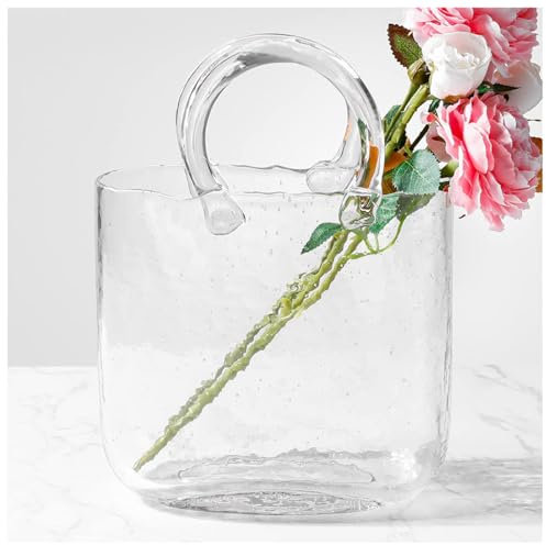 Glas Handtasche Vase FüR Blumen, Aus Geblasenem Glas Taschenvase Transparente Blumenvase, Dekorative, Moderne Blasen, Kristallglas, Blumenvasen,Style1-Transparent