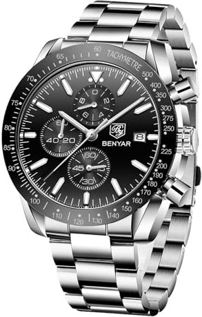 BY BENYAR Herren Analoger Chronograph Quarzuhr 30M Wasserdicht Leuchtende Datumsanzeige Freizeituhr Sport Lederuhr.(Schwarz)