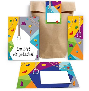 Minkocards 8 Einladungskarten zum Kindergeburtstag Klettern Bouldern Mädchen Jungen Einladung Jungsgeburtstag Mädchengeburtstag incl. 8 Umschläge, 8 Partytüten/natur, 8 Aufkleber, 8 Lesezeichen