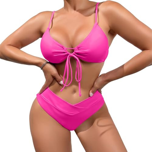 meioro Bikini Set für Damen Triangel Cut Out Badeanzug, V Ausschnitt Zweiteiliger Bademode Low Waist Unterteil Swimsuit, Sexy Kordelzug Knot Schwimmanzug Badeanzüge für Frauen (Heißes Rosa,L)