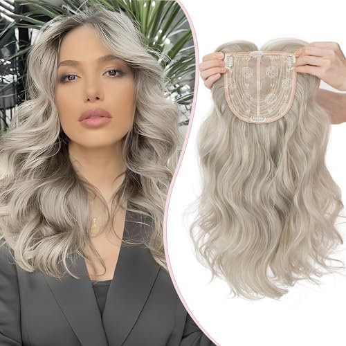 S-noilite Hair Toppers für Frauen,Toupet Toppers Haarverlängerung Haarteile Perücken mit Fransen,Haartopper Basis 15x15cm, Clip in Synthetischen Haarteile, Gewellt 45cm 175g Silberblond Gemischt