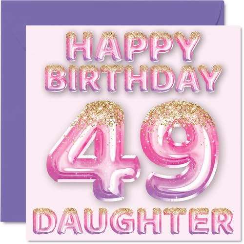 49th Birthday Card for Daughter - Pink & Purple Glitter Balloons - Happy Birthday Cards for 49 Year Old Daughter from Mum Dad Parents, 145mm Bday Greeting Cards Gift
