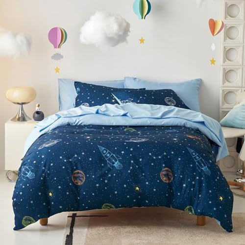 Freyamy Kinder Bettwäsche 100x135cm Blau Marineblau Bunt Weltraum Rocket Jungen Kinderbettwäsche Mikrofaser Sterne Rakete Babybettwäsche Bettbezug mit Reißverschluss und Kissenbezug 40x60cm
