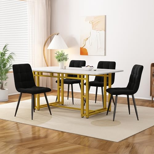 Ctastay Esstisch-Set mit 4 Stühlen 120x70 cm, Essgruppe mit 4 Stühlen aus Samt, Küchen-Esstisch für Zuhause & Familie, Gold Tischbeine + 4 Schwarz Stühlen