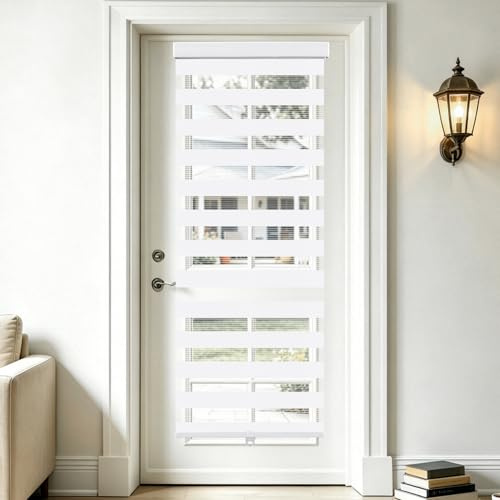 SEEYE Cordless Zebra Blinds for Window, French Door Blinds Free-Stop Roller Window Shades with Valance 24 W x 90 H, Light Filtering Window Treatment Sheer Blinds & Shades Easy to Install, White