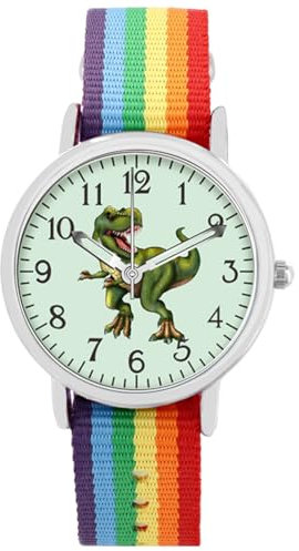 Brecjon Kinder Armbanduhr Jungen Jungenuhr Kids Dinosaurier T Rex Leucht Zifferblatt 5ATM Wasserdicht Textil Armband Regenbogen bunt 5207