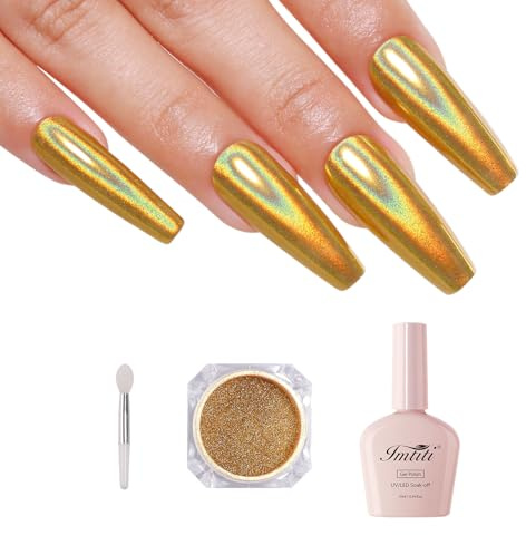 Imtiti Holographic Gold Chrome Nail Powder Kit,1g Holo Iridescent Gold Meatllic Mirror Effect Powder with 10ml White Color Gel Polish Metal Nail UV DIY Kit