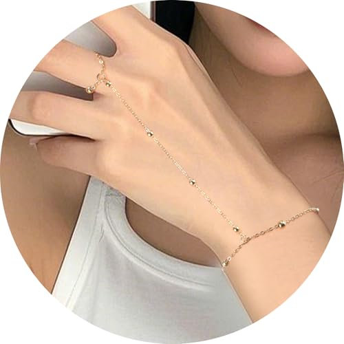 Mikovivi Pulsera de Anillo con Cadena de Mano, Pulsera de Mano Dorada Ajustable Cadena de Anillo para Dedo Acero Inoxidable Joyería de Mano Elegante Regalo de Moda para Mujeres (Estilo 1)