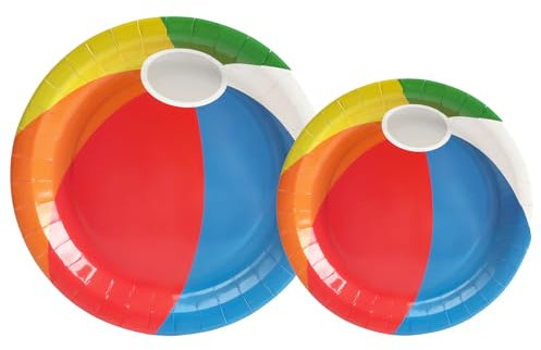 PARTY GO Lot de 50 assiettes en carton pour fête estivale, motif arc-en-ciel, plage, balles, avec assiettes plates de 23 cm, assiettes à dessert de 18 cm, pour fête d'anniversaire sur le thème de la