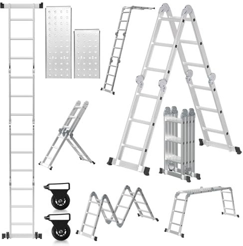 Cecaylie Escalera multiusos de aluminio de 4 x 3 peldaños, 360 cm, 7 en 1, con plataforma, escalera con 2 placas de andamio, escalera multiusos plegable, 12 peldaños, color plateado