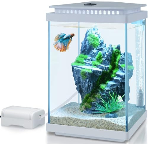 PYPABL Mini Glass Fish Tank, 4 Litres Desktop Fish Tanks, Betta Fish Tank, Mini Aquarium Starter Kit with Air Pump LED Light Decoration Water Changer Fish Net (White)