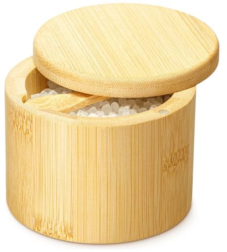 Golden Nature Salt Jar with Lid and Spoon - Sea Salt Flake Holder - Bamboo Cellar with Magnetic Swivel Lid & Built In Spoon Slot - Spice Container Storage Box for Countertop - Pepper Crock