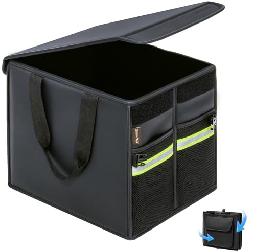 Coverado Kofferraum Organizer Klein(30L), Leder Kofferraumtasche mit Deckel | Faltbare Kofferraumbox, Wasserdichter & Schmutzabweisender Aufbewahrung für Auto, Rutschfeste Unterseite, 2-Gurte sichern