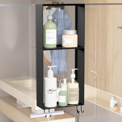 Womamny Etagere Douche à Suspendre Noir, Etagere Douche Sans Percage, 52 cm Rangement Et Organisation De La Salle De Bain Inox pour Shampooing, Rasoir (2 Niveaux)
