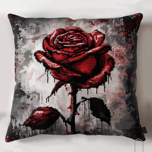 Kitquiver Kissen Knüpfen Set Erwachsene Rote Rose Knüpfkissen-Sets,Grobes Kreuzstich-Set,Diy-Stickerei-Nadelspitzen-Kit Für Heimdekoration 17x17In