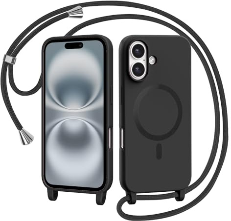 AOMYKE Handyband für iPhone 16 6.1 Zoll Hülle mit Band, Magnetisch Handyhülle kompatibel mit Magsafe zum Umhängen Schutzhülle mit Kette Kordel Weich TPU Liquid Silikon Case，Schwarz