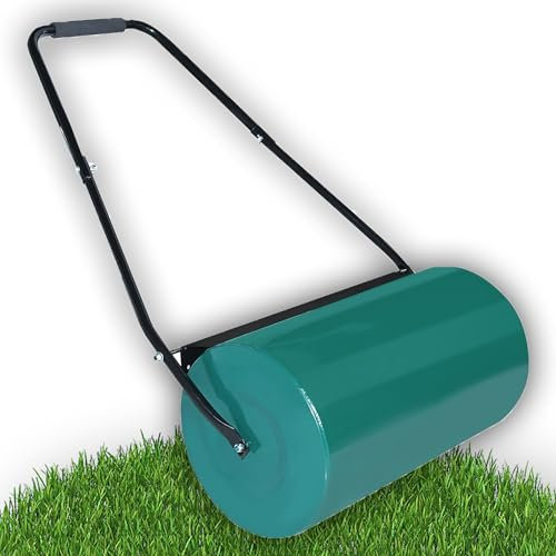 QEENTOE Rasenwalze Befüllbar mit Sand/Wasser Bis zu 46L Handwalze Gartenwalze mit Schmutzabweiser & Griff Gartenfräse Garten Walze Rasen Ackerwalze Walzenrolle Zum Planieren - Grün