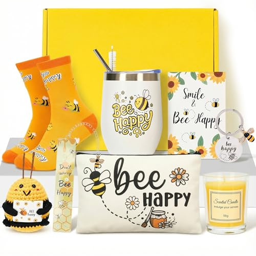 8PCS Bee Gifts for Women, Bee Themed Gift Set with Tumbler for Christmas | Includes 12 oz tumbler with straw and brush, cosmetic bag, socks, candle, keychain, bookmark, crochet bee and card