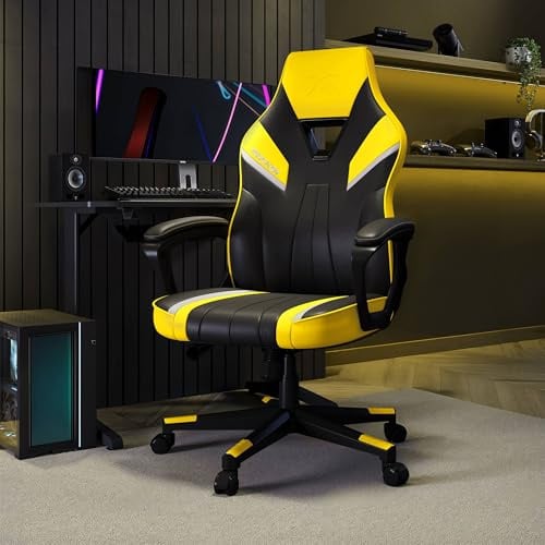 X-Rocker Tempest High Back Ergonomic Office Gaming Chair for Adults & Teens - Extra Wide Seat, Cushioned Armrest, Height Adjustable, Wipe-Clean Faux Leather - Yellow