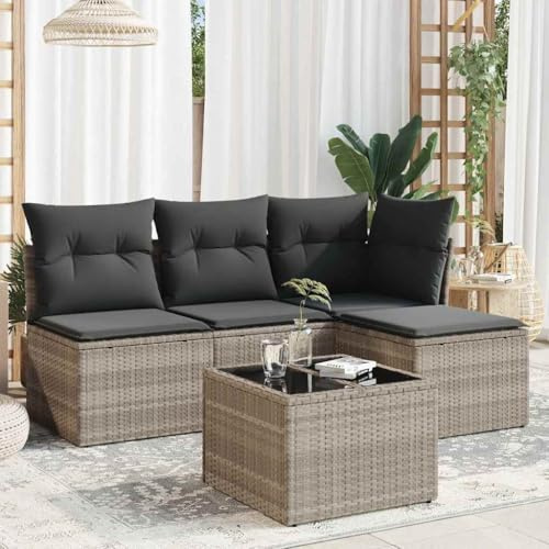 Massbinet Outdoor Sitzgruppe Set mit Sofa Tisch frei kombinierbar Sitzecke Möbel wetterfest für Garten Terrasse Balkon 5-TLG. Garten-Sofagarnitur mit Kissen Hellgrau Poly Rattan