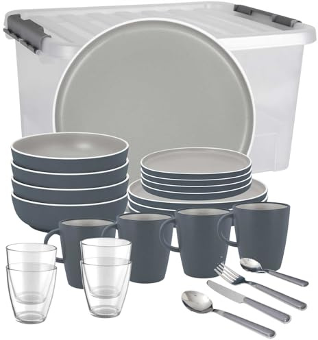 BRUNNER Melamin Geschirr-Set Camping 36-teilig Trilogy Grey All Inclusive | Antislip (Antirutsch), 2-4 Personen, wie Steingut (StoneTouch), Bruchfest, Teller & Schüsseln, Wohnmobil Wohnwagen Boot