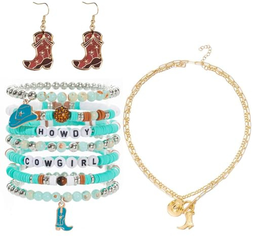 HIVTE Western Outfit & Boho Schmuck Damen Perlenarmband-Set 9-Teilig | Elastische Stretch-Armbänder Mit Perlen, Halskette Und Ohrringe. Western & Boho Stil Für Partys, Festivals Und Alltag