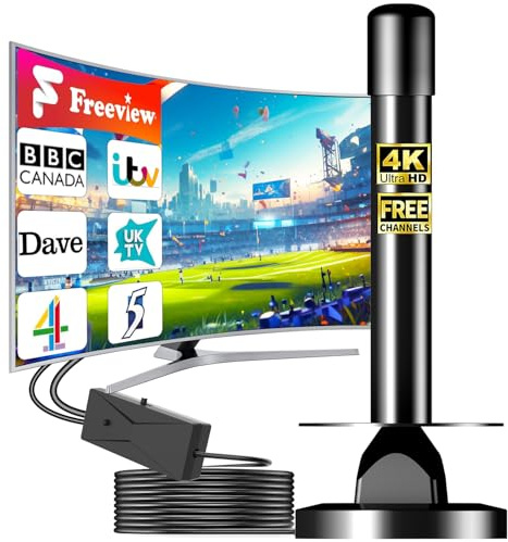 Indoor TV Aerial for Freeview HD with Signal Amplifier, Digital TV Antenna, Multi-Directional UHF/VHF Reception, Magnetic Base, 4K & 1080P Ready, Plug & Play, 5M Cable for Smart & Older TVs