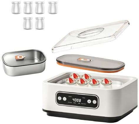 Joghurtbereiter mit 6 Glasbehälter 180ml, 1.6L Joghurtmaschine mit Temperatur & Timer, 20W 4 voreingestellte Programme, Abschaltautomatik, LCD Display, Yogurt Maker für Griechischer Joghurt, Zuhause