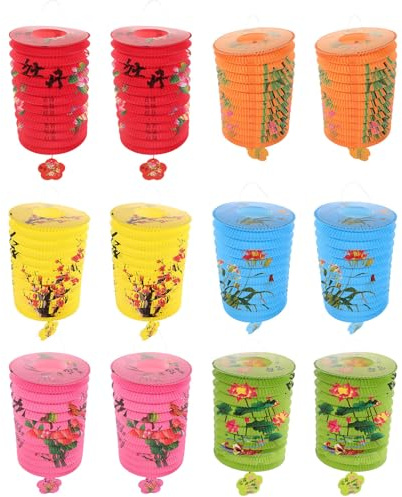 SOESFOUFU 12er Set Partylaternen aus Papier mit Blumenmuster, tragbare Ziehharmonika Laternen für Frühlingsfest und traditionelle Festdekoration