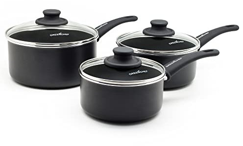 GreenChef Diamond GreenChef Soft Grip Ensemble de Marmites Antiadhésives 16cm, 18cm et 20cm sans PFAS, Noir