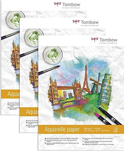 Tombow 3 Stück Aquarellblock, satiniert, 24 x 32 cm Cremeweiß | Hohe Qualität einzeln eingeschweißt