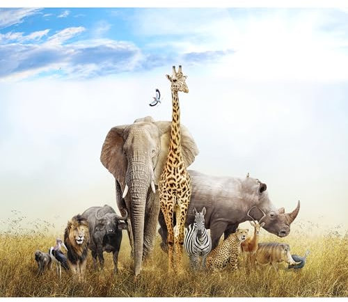decomonkey Fototapete Afrika Tiere 350x256 cm XL Tapete Fototapeten Vlies Tapeten Vliestapete Wandtapete moderne Wandbild Wand Schlafzimmer Wohnzimmer Kinderzimmer Elefant Giraffe