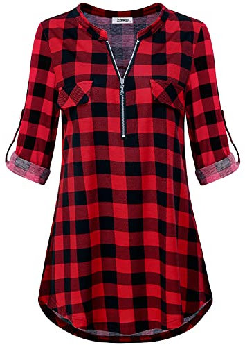 JCZHWQU Damen-Tunika-Hemd mit Reißverschluss, V-Ausschnitt, 3/4-Ärmel, lässig, mit Reißverschluss, 01# Plaid Red 02, Medium